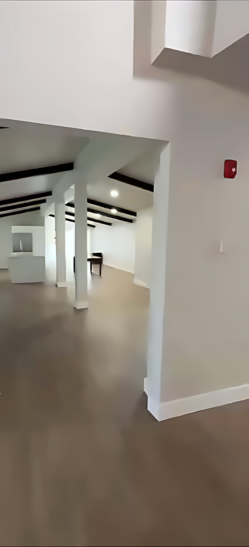 Open-plan interior with black ceiling beams