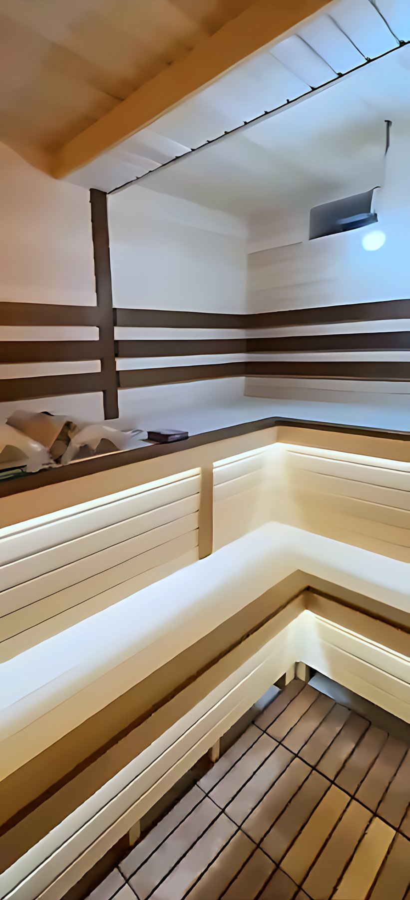 Sauna benches with warm LED lighting